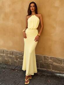 SHEIN BAE 黄色网纱弹力长款沙滩度假连衣裙，金属装饰领口，金属环装饰黄色裙身，适合沙滩度假、约会、派对等场合，优雅长裙 - 黃色 - 查看 8