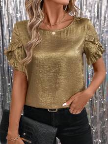 SHEIN Clasi 女士箔片荷叶边短袖情人节衬衫，情人节 - 金色 - 查看 7