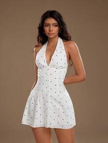 TRNVIE Women's Summer Deep V-Neck Halter Polka Dot Dress, Solid White Elegant, Suitable For Vacation, Work, And Party Occasions - White - View 5