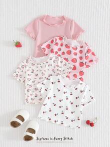 Cozy Pixies 4件套女婴草莓图案针织柔软圆领短袖荷叶边下摆套头衫套装 - 彩色 - 查看 3