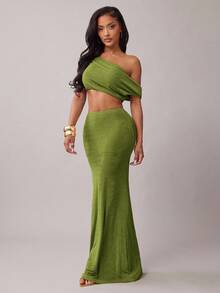 Radiana 女士性感休闲优雅绿色修身两件套：不对称露肩短款上衣和荷叶边腰部鱼尾裙，适合约会、聚会、生日、派对、节日和正式场合的正式连衣裙套装 - 綠色 - 查看 5