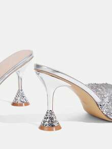 CUCCOO TILAWA Women's Summer Crystal Ankle Strap Pointed Toe Stiletto High Heel Sandals, Sexy Stiletto Heel Transparent PVC Splice White PU Party Club Shoes Valentine's Day - Silver - View 5