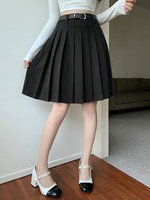 DAZY Women's Pleated Korean Style Casual Versatile Mini Skirt - Black - View 4