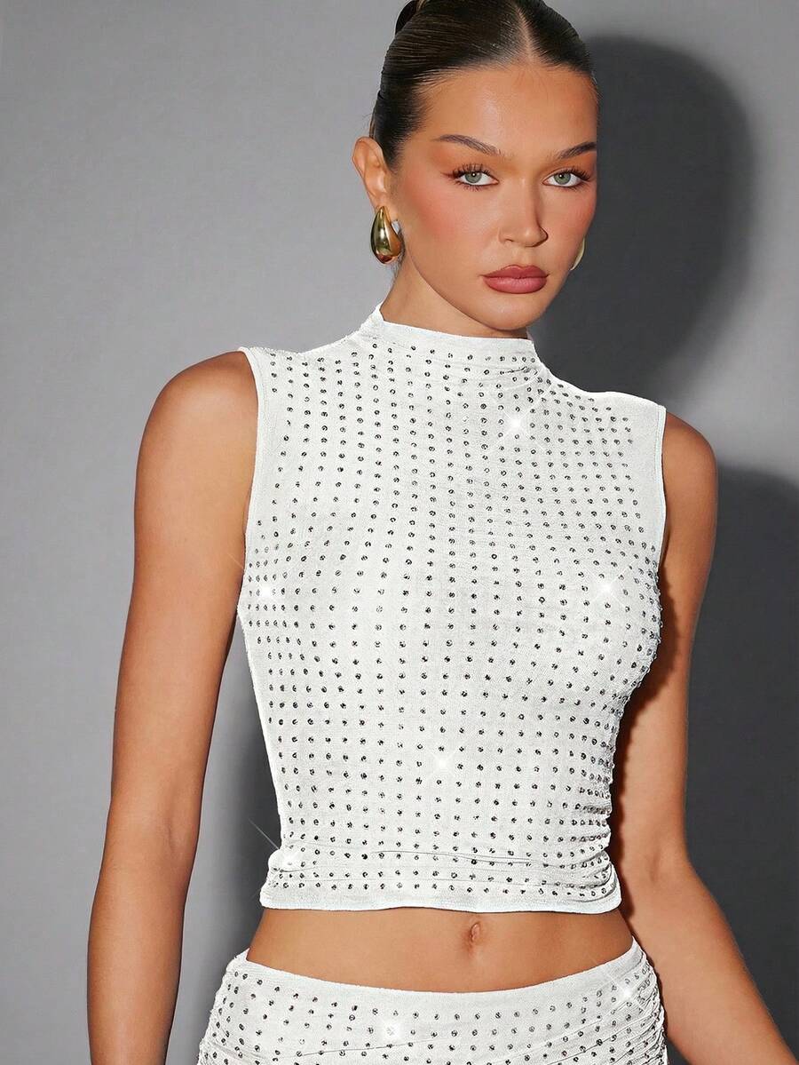 Hauture 性感夏日派对酒红色高领镶钻双层网纱背心 - 白色 - 查看 1