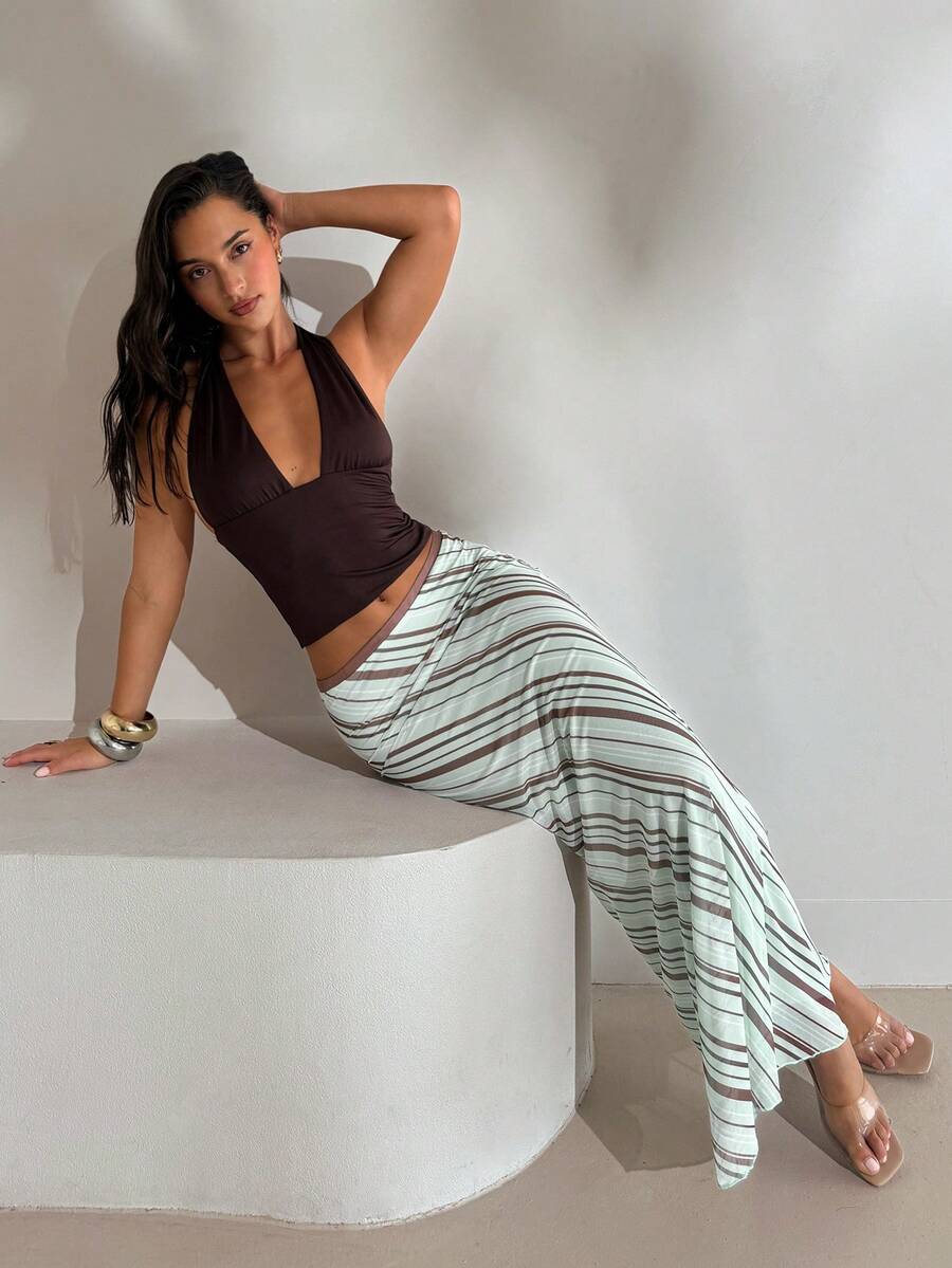 Aloruh Women's Contrast Striped Mesh Bodycon Fishtail Skirt, Casual Holiday Wear - Multicolor - View 1