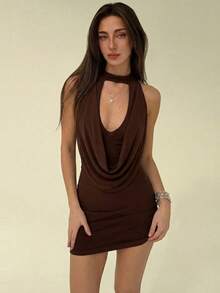 Aloruh Đầm mini ôm sát không tay, cổ xếp ly, chất liệu lưới, màu nâu, kiểu dáng gợi cảm dành cho nữ trẻ trung, thích hợp cho tiệc tùng, đám cưới, kỳ nghỉ, màu trơn. - màu nâu - Xem 8