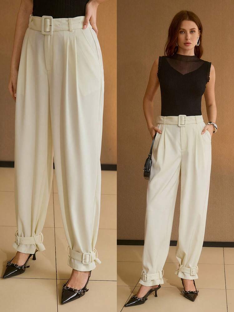 WOMEN'S SOLID FOLD PLEATED RELAXED FIT BUCKLE BELTED SUIT PANTS