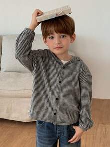 DAZY Young Boy Striped Print Hooded Casual Long Sleeve Jacket Spring - Grey - View 7
