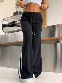 SHEIN EZwear Women's Casual Striped Patchwork Black Knit Stretch Pants - Black - View 5