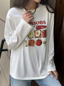 Solavon Damen Lässig Bedrucktes Rundhals Langarm T-Shirt - Weiss - Übersicht 5