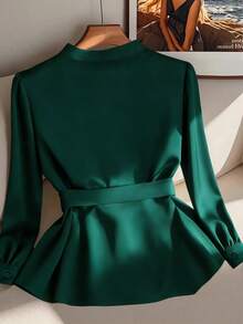 GlowEve CURVE 大码优雅通勤休闲纯色衬衫 - 墨綠色 - 查看 2