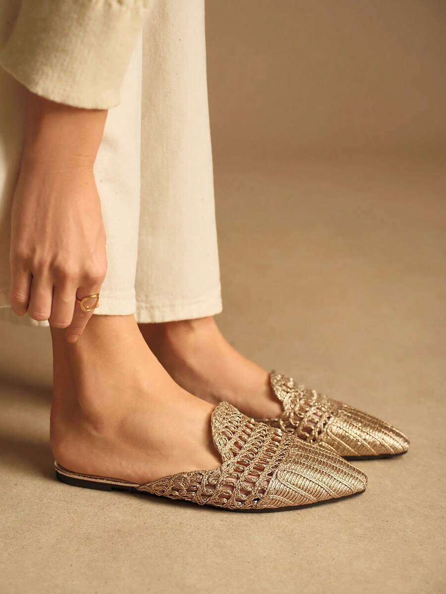 Rosivie صندل جديد بتصميم فريد مصنوع من نسيج مجدول مفرغ بنعل مسطح وأصبع قدم مدبب، أحذية نسائية منفذة للهواء - الذهبي - مشاهدة 1