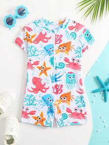 SHEIN بدلة سباحة قصيرة الأكمام للأطفال الصغار بطبعة سلحفاة بحرية كرتونية، مناسبة للشاطئ والمسبح في فصل الصيف - متعدد الألوان - مشاهدة 3