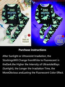 1 Set Pijama de manga larga ajustado con estampado de dinosaurio para niño pequeño, que brilla en la oscuridad (Nota: Este producto requiere exposición a luz UV para brillar. La versión ajustada es pequeña, por favor pida una talla talla grande si le preocupa) - Negro - Ver 5