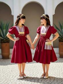 SHEIN Girls Casual Woven Printed Dress With Golden Tassel Trim, V-Neck Puff Sleeve, Suitable For Daily Wear, Vacation, Spring/Summer - Burgundy - View 4