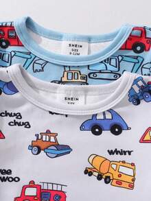 4pcs Baby Boy Snug Fit Pajama Set, Funny Excavator, Crane, Truck Print Colorblock Long Sleeve Top And Pants - Multicolor - View 3