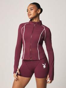 Missguided x Playboy Women Burgundy Full Zip Track Jacket With Long Sleeves And White Contrast Piping Athletic Outerwear For Fall Winter - Redwood - View 1