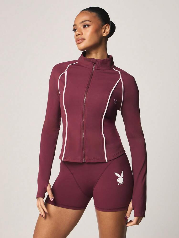 Missguided x Playboy Women Burgundy Full Zip Track Jacket With Long Sleeves And White Contrast Piping Athletic Outerwear For Fall Winter