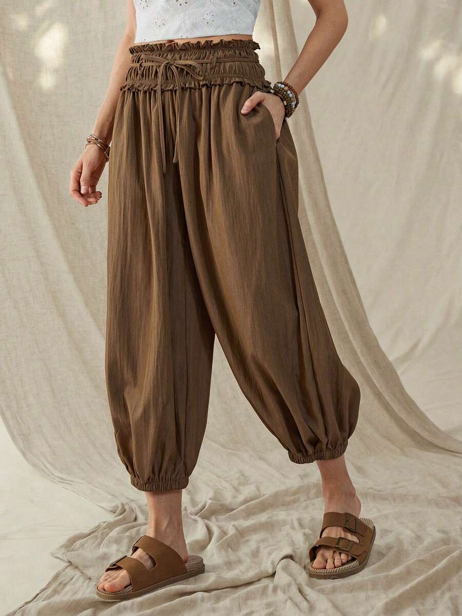 Wildy 波西米亚风女士休闲西部乡村复古风基本款长裤，带口袋，适合春夏日常通勤，春夏度假休闲宽松裤，适合各种场合。 - 棕色 - 查看 1