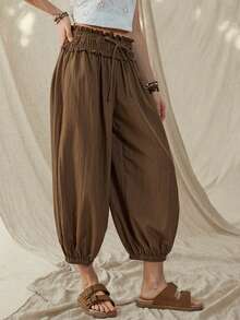 Wildy 波西米亚风女士休闲西部乡村复古风基本款长裤，带口袋，适合春夏日常通勤，春夏度假休闲宽松裤，适合各种场合。 - 棕色 - 查看 5