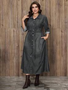 EMERY ROSE Plus Size Women Elegant Belted Denim Dress - Grey - View 7