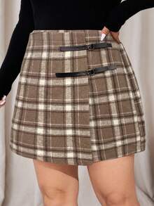 Auralis Plus Size Plaid Casual Skirt - Khaki - View 3