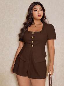 Elaquor Plus Size Women Summer Casual Daily Office Commute Simple Solid Color Square Neck Single-Breasted Fitted Blouse And Shorts 2 Pieces Set - Coffee Brown - View 4