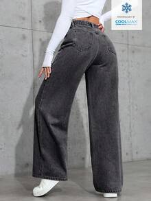 SHEIN Jeanoir Quần jeans ống đứng dáng rộng, màu trơn, cạp thấp, thời trang, thường ngày. - Màu xám đen - Xem 2