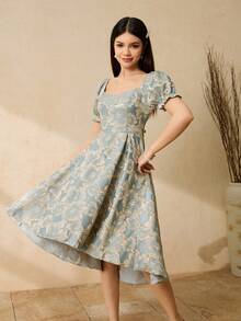 Dusky Blue Summer Elegant Graduation Formal Dress For Teen Girls,Flower Girls,Weddings,Galas,Brocade Deep V-Neck Puff Sleeve Puffy Princess Dress - Baby Blue - View 3