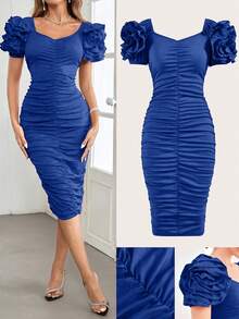 SHEIN Clasi 大码女士优雅情人节荷叶边泡泡袖3D立体花卉装饰修身针织连衣裙 - 寶藍色 - 查看 3