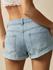 Bohemela 女士休闲日常通勤低腰水洗纹理面料卷边牛仔短裤，夏季 - 淺色水洗藍 - 查看 2