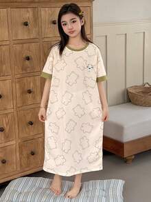 Dazy Kids Tween Girls Bear Print Crew Neck Knit Short Sleeve Nightgown Loungewear Spring - Apricot - View 3
