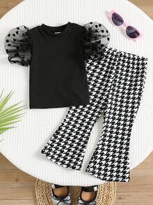 TaviRue Babygirl Cute Knit Patchwork Polka Dot Mesh Top & Houndstooth Flare Pants Set Summer Outfits/Summer Clothes - Multicolor - View 2