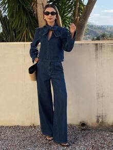 DAZY Women's Bow Tie Design Long Sleeve Top And Wide Leg Jeans Casual Suit - Blue - View 2