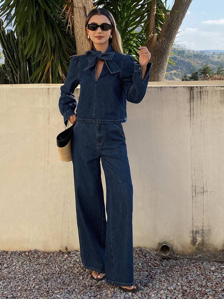 Women's Bow Tie Design Long Sleeve Top And Wide Leg Jeans Casual Suit