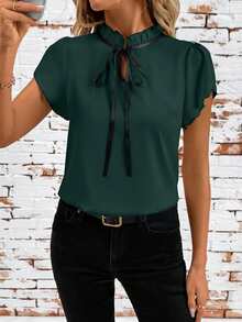 SHEIN Clasi Fitted Women's Contrast Color Tie Neck Short Sleeve Blouse Summer Teacher Country Summer - Dark Green - View 4