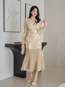 DAZY Set da 2 pezzi composto da blusa floreale elegante scollo a V e gonna, primavera - Albicocca - Visualizzare 3