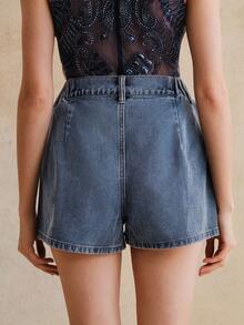 Anewsta Women's High Waist Loose Straight Leg Embroidered Denim Shorts, Summer - Blue - View 2