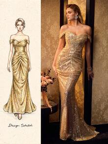MOTF Soiréza CHAMPAGNE SEQUIN OFF-SHOULDER EVENING GOWN, FITTED MERMAID DRESS FOR FORMAL EVENTS - Champagne - View 2