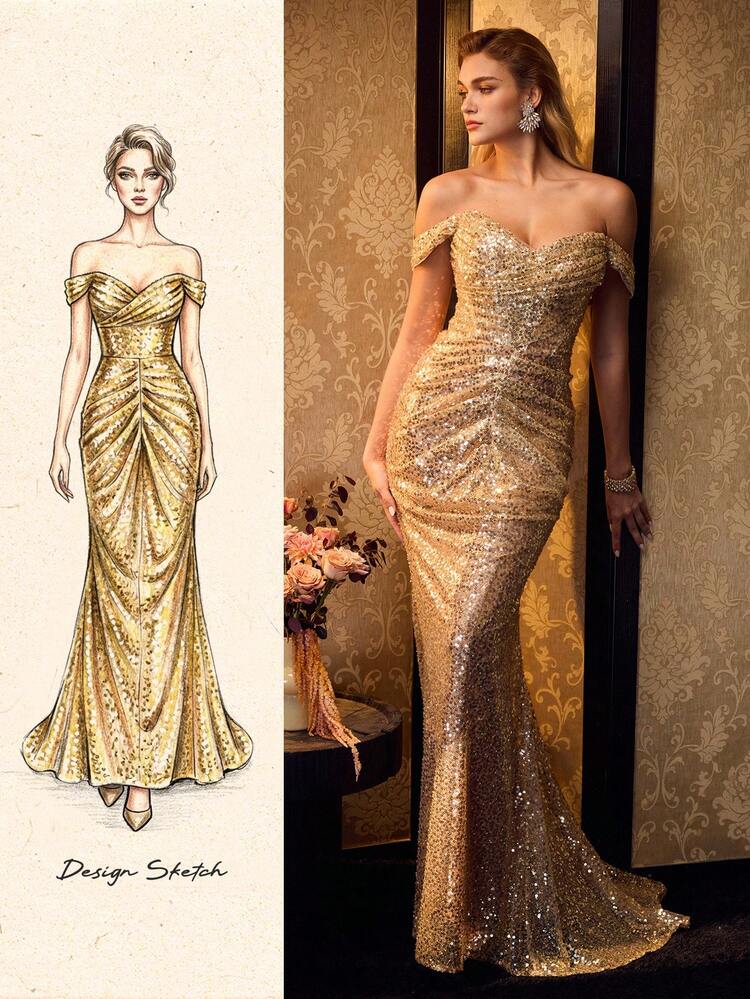 MOTF Soiréza CHAMPAGNE SEQUIN OFF-SHOULDER EVENING GOWN, FITTED MERMAID DRESS FOR FORMAL EVENTS