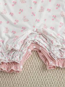 Souflis Souflis French New Style Baby Girl 3 Pieces Set Summer Romper Shorts, Cute Rabbit Pattern, Ruffled Sleeves & Hem, Casual Everyday Wear - Multicolor - View 6