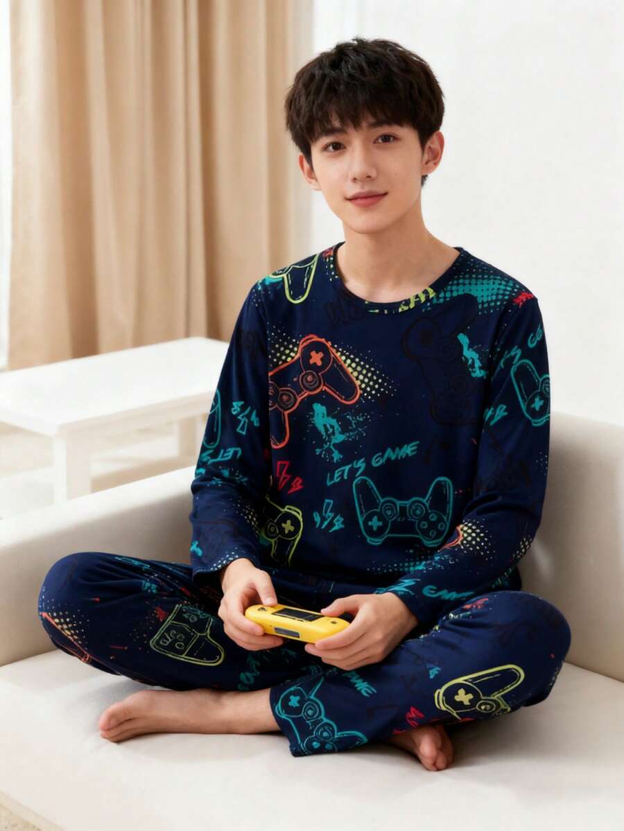 2件套男童电子游戏印花长袖睡衣套装