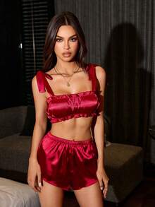 SilkySpell Bộ đồ ngủ 2 món màu đỏ gợi cảm gồm áo quây buộc dây và quần short dành cho nữ. - Đỏ - Xem 3