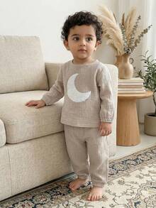2pcs Baby Boy Soft Comfortable Fabric Cute Moon Embroidery Casual Long Sleeve Top And Pants Homewear Set Muslin Baby Clothes Toddler Two Piece Set Neutral Baby Clothes Unisex Baby Night Clothes - Grey - View 1