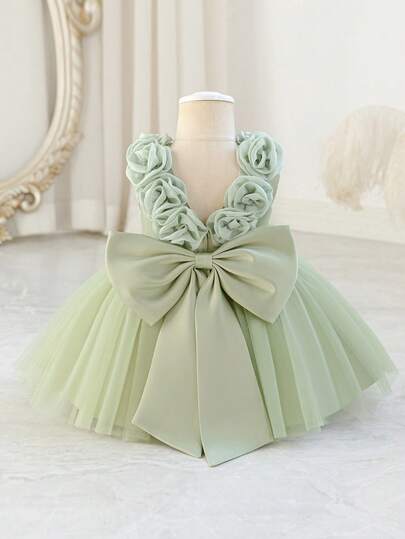 Glamorique Kids Baby Girls' Burgundy Satin Mesh High-End Formal Dress With 3D Flower, Big Bow Back, Puffy Skirt, Suitable For Christmas, Halloween, Baby Birthday Party, Sleeveless Jumper Dress For Celebration, Banquet, Party Sage Green Princess Gowns For Baby Girls Sage Green Baby Dress Sage Green Princess Dress