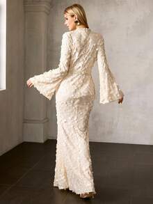 MOTF PREMIUM 优雅高领奢华美人鱼式正式礼服,长款喇叭袖,领口和腰部饰有仿珍珠,鱼尾裙摆,完美适用于舞会、晚宴、红毯、婚礼宾客、圣诞节或新年派对之夜——闪亮长袖女士长款连衣裙 - 杏色 - 查看 5