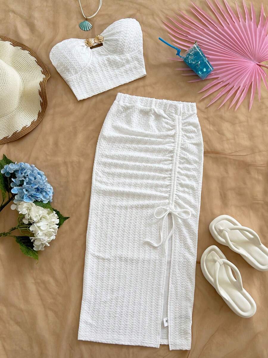 SHEIN WYWH 女士度假金属装饰抹胸上衣和抽绳侧开衩裙时尚两件套 - 白色 - 查看 1