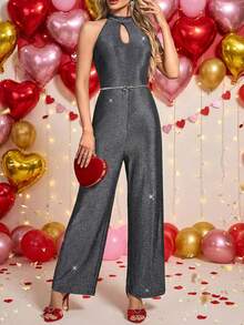 SHEIN Clasi Women's Elegant Gray High-End Cinched Waist Metallic Yarn Halter Jumpsuit,70s Retro Sparkly Wide Leg Pants For Autumn,Party,Night Out,Valentine's Day - Silver - View 1