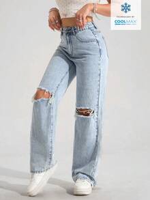 SHEIN PETITE Women's Casual Fashion Street Chic High Waist Distressed Loose Wide Leg Denim Jeans, Suitable For Daily Commute In Summer - Light Wash - View 6