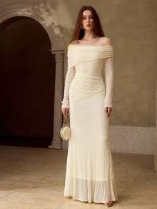 MOTF PREMIUM WOMEN'S ELASTIC KNIT JACQUARD OFF THE SHOULDER RUCHED ELEGANT DRESS FOR DATES - Beige - View 4